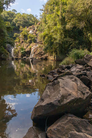Sao Miguel waterfall with rocks, trees and plants, Dois Irmaos, Rio Grade do Sul, Brazilの写真素材