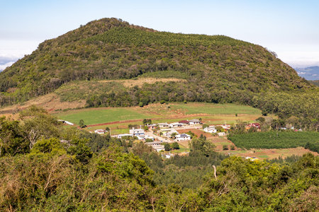 Village and Forest on mountains, Morro Reuter, Rio Grande do Sul, Brazilの写真素材