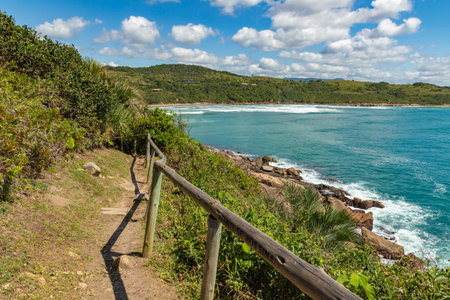 Trail to the beach with rocks and vegetation, Praia do Rosa, Imbituba, Santa Catarina, Brazilの写真素材