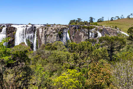 Waterfall with fields and forest around, Jaquirana, Rio Grande do Sul, Brazil