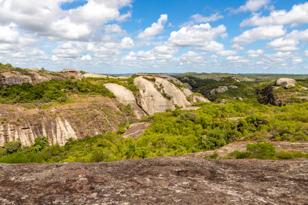 Geological formations and vegetation, Rincao do Inferno, Bage, Rio Grande do Sul, Brazilの写真素材