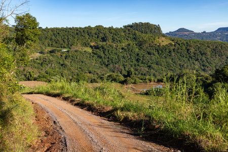 Dirty road, forest and farm fields, Santa Maria do Herval, Rio Grande do Sul, Brazilの写真素材
