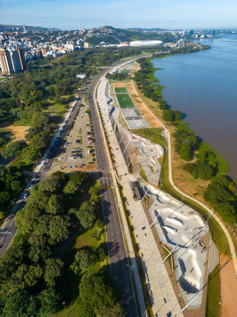 Aerial view of guaiba lake and Porto Alegre, Rio Grande do Sul, Brazilの写真素材