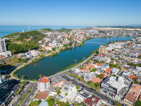 Violao lake and downtown, Torres, Rio Grande do Sul, Brazilの写真素材