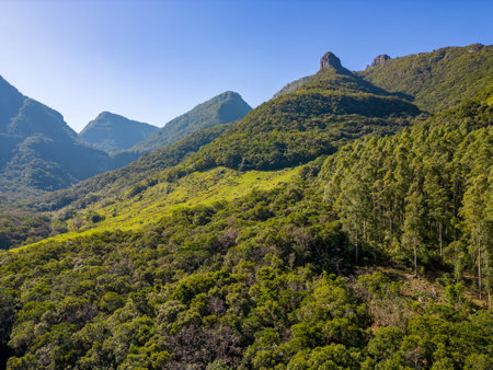 Aerial view of a valley with forest and rocks, Tres Forquilhas, Rio Grande do Sul, Brazilの写真素材
