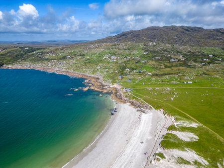 Aerial view of beach in Dogs bay, Roundstone, Conemara, Galway, Ireland