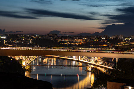 Sunset of Douro river with bridges, Porto, Portugalの写真素材