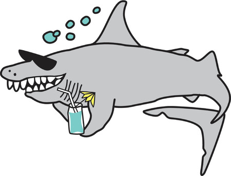 Cartoon of a happy shark wearing sunglasses and holding a cocktail. Original cartoon drawing converted to vector.のイラスト素材