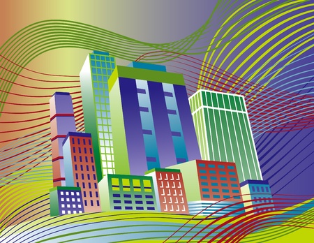 Illustration of a colorful city on a wavy background. のイラスト素材
