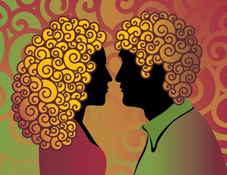 Retro-style illustration of a hip young couple with curly hair. のイラスト素材