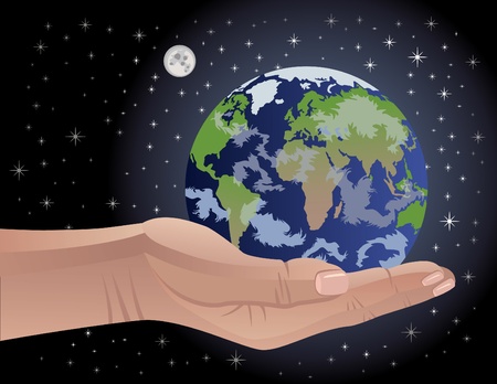 Conceptual vector illustration of a hand cradling the Earth. Globe map intentionally distorted to include all continents on the planet. のイラスト素材