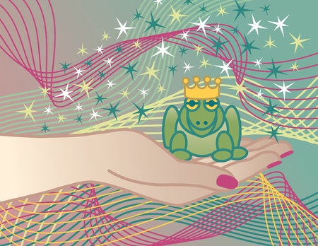 Illustration of the Frog Prince sitting in the hand of the Princess. のイラスト素材