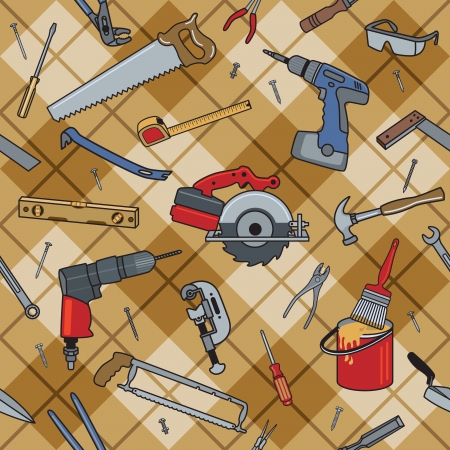 Home construction and repair tools on a seamless plaid pattern.のイラスト素材