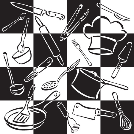 Vector illustration of cooking and eating utensils and equipment on a black and white checkerboard background.のイラスト素材