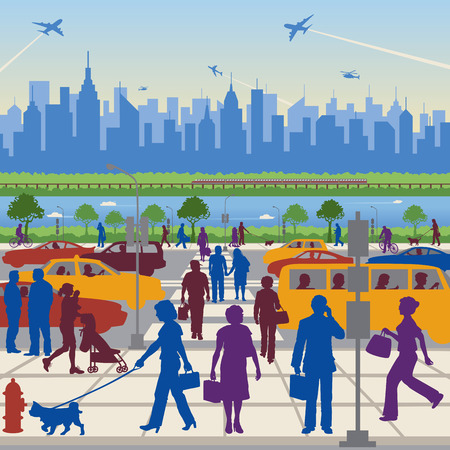 People in Transit with a generic city in the background.のイラスト素材