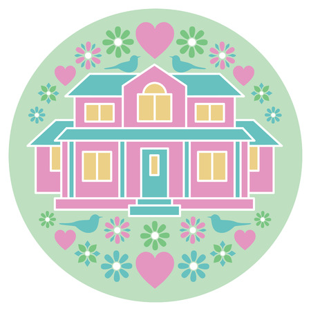 Circular Illustration of a home surrounded with birds, flowers and hearts.のイラスト素材