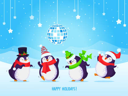 Vector Christmas greeting card with four dancing cartoon penguins and Happy Holidys text. Cute penguins with red scarves, knitted hats. Disco ball, snowflakes, stars and mountains background.のイラスト素材