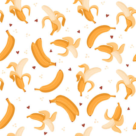 Seamless bananas pattern with hearts and dots. Vector yellow fruit pattern template. Cute background for a card, t-short, gift wrap, print.のイラスト素材