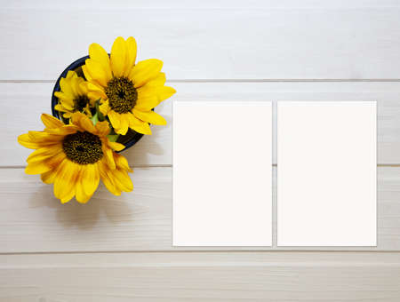 Two greeting cards mockup with sunflowers in a cup. Empty postcard with space for text. Top view....