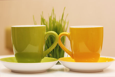 Yellow and green porcelian cups on a white table with grass. Real grass in the interior of the cafe. Can be used for presentations, decor and web design. Atmospheric moments. Wellness concept.の写真素材