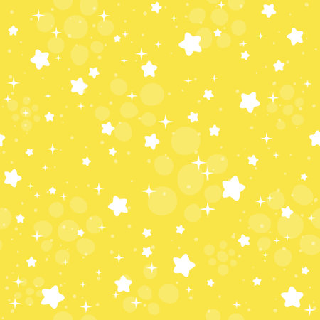 Seamless pattern with white starts and sparks on illuminating yellow color background. Trending colorful backdrop. Cute kid texture. Vector illustration.のイラスト素材