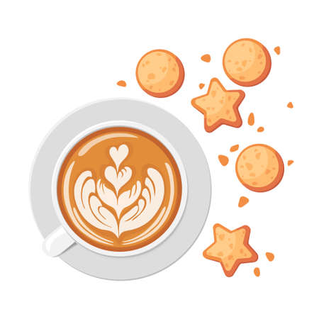 Cute pre-made greeting card of latte cup and cookies. Cartoon vector illustration. Flat design. Top view.のイラスト素材