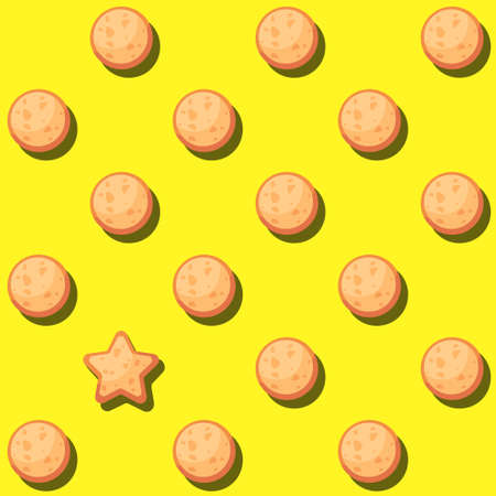 Seamless cartoon yellow pattern with cookies. Vector abstract striped background. Flat design. Top view. Gift wrap, print, cloth, cute backdrop for a card.のイラスト素材