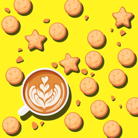 Cute yellow background with latte cup and cookies. Cartoon vector illustration. Flat design. Top view.のイラスト素材