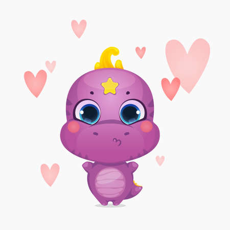 Cartoon cute dinosaur with hearts. Little kissing dino kid character. Creative layout for for women s day, valentines, wedding or birthday. Vector illustration.のイラスト素材