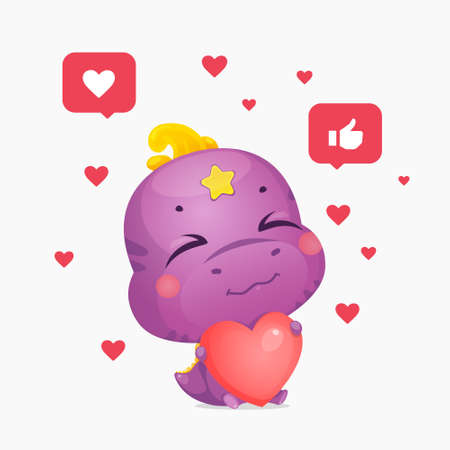 Cartoon cute dinosaur holding a heart. Little sweet dino kid character. Creative layout for social media blogging, online network likes. Vector illustration.のイラスト素材