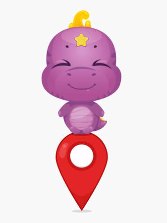 Cartoon cute dinosaur with map marker. Little sweet dino kid character. Creative layout for social media blogging. Vector illustration.のイラスト素材