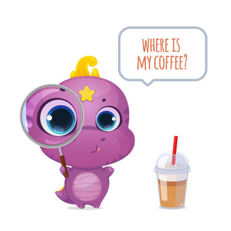 Cartoon cute dinosaur with magnifying glass. Little sweet dino kid character. Where is my coffee. Vector illustration.のイラスト素材
