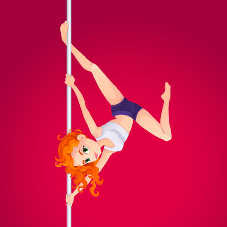 Cute girl performing pole dance. Young, slim and beautiful redhead woman takes on a pylon. Pole acrobatics. Bright red background. Vector cartoon isolated illustration.のイラスト素材