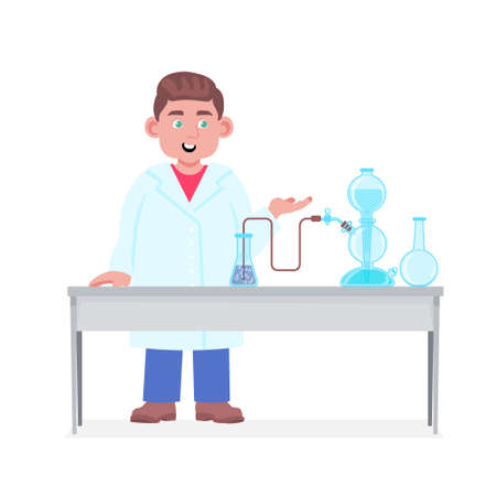 The laboratory assistant shows experience. Kipp appartment and flasks. Vector character in cartoon style. Isolated on white, flat illustration.のイラスト素材