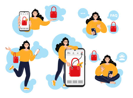 Young smiling woman chooses a bag in an online store. Girl calls support, reads the faq and guides. Woman showing like and ok. Vector characters in cartoon style. Isolated on white, flat illustration.のイラスト素材