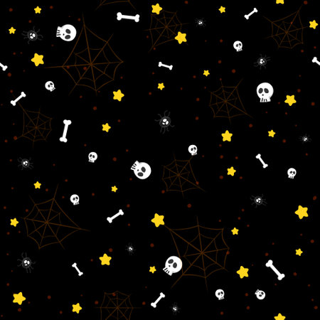 Vector creepy background with stars and skulls. Funny kid drawn backdrop with cobwebs, spider and bones.のイラスト素材
