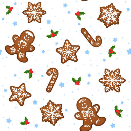 Pattern with Gingerbread cookie on a white background. Vector cartoon chertmas biscuit background. Flat design. Icons isolated.のイラスト素材