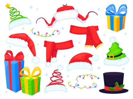 Set of winter hats, gifts and scarfs on white background. Vector illustration in cartoon style. All elements are isolated. Great for prints, decor and web design.のイラスト素材