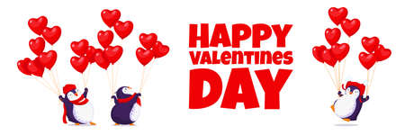 Banner made for Valentine Day with a funny penguins in a cute hats. Cartoon penguin with balloons hearts. White background. Vector illustration.のイラスト素材