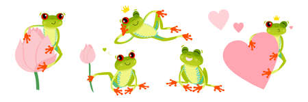 Set of cute red eyed frogs. Tree frog in different poses. Vector illustration. Isolated on white backdrop.のイラスト素材