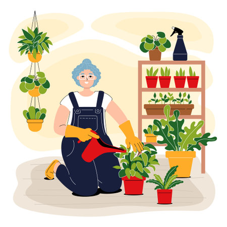 Home gardening character. Smiling elderly gardener watering flowers in a pots. Happy gray-haired woman holding watering can. Flat style illustration. Urban jungle illustration concept.のイラスト素材