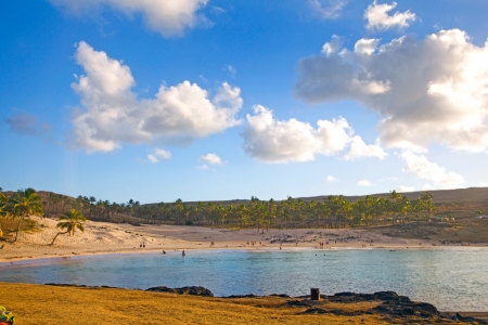 Late afternoon at Anakena Beach, Easter Island, Chile の写真素材