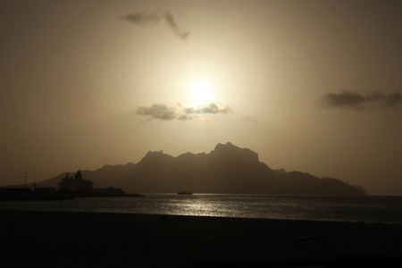 View of Monte Cara mountain from Mindelo, SÃ£o Vicente, Cape Verde at sunset.
