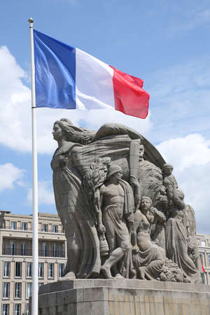 Monuments aux Morts is a monument to honor all civilians who died in the wars. It is surrounded by french flags, Le Havre, Normandy, France.のeditorial素材