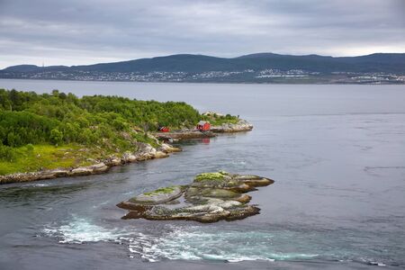 View over the Saltstraumen Maelstrom - which is said to be the worldâs strongest tidal currents with whirlpools or Vortices , Bodo, Nordland county, Norway.の写真素材