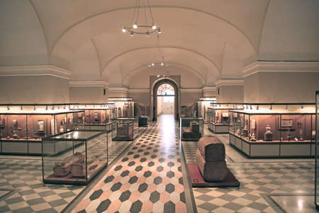 Egyptian Hall with many artifacts inside the Hermitage Museum or Winter Palace, St Petersburg,...