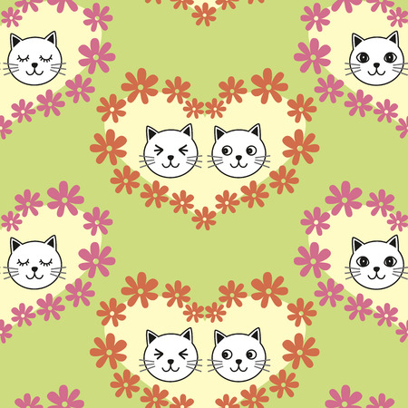 Seamless cat pattern. Green background. Vector illustration.のイラスト素材