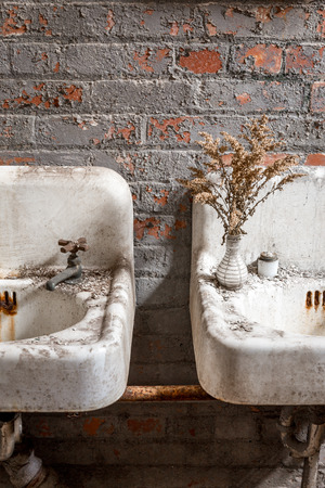 Vintage Sinks in an Abandoned Ladies Roomの写真素材