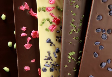 Hand-made bars of chocolate mixed with candied petals.