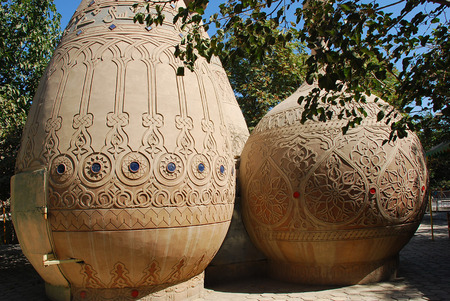 Two domes with ornaments on the ground in Bukhara. Uzbekistanの写真素材